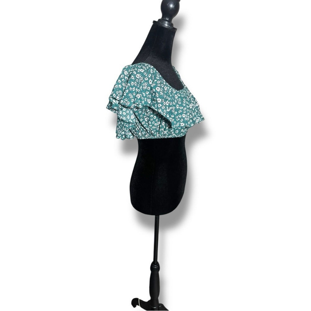 Indigo Child Teal and White Ditsy Floral Print Ruffled Off Shoulder Crop Top - Picture 3 of 16